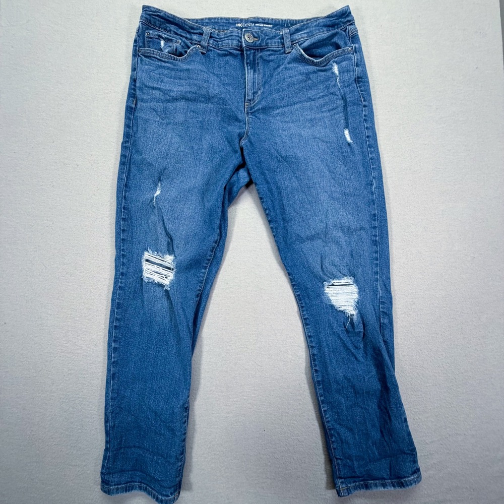INC Denim Straight Leg Jeans‎ Womens 16/33 Good Blue Distressed Mid Rise Ripped